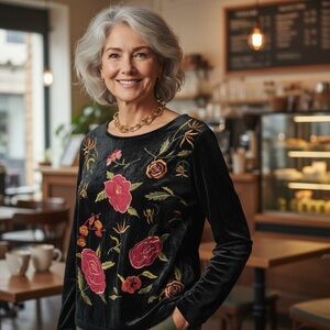 Real Comfort Black Velvet Floral Embroidered Crew Neck Long Sleeve Blouse XL EUC